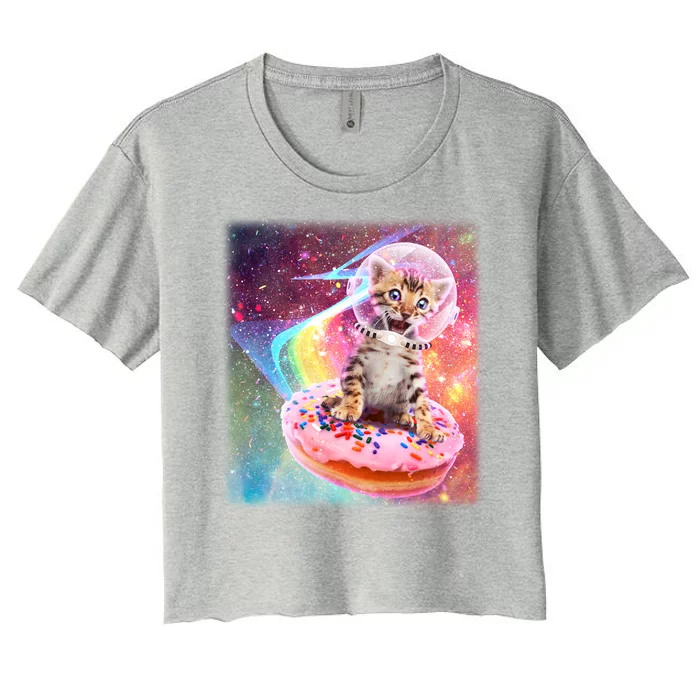 Funny Cute Astronaut Kitty On Rainbow Sprinkle Donut With Galaxy Background Women's Crop Top Tee