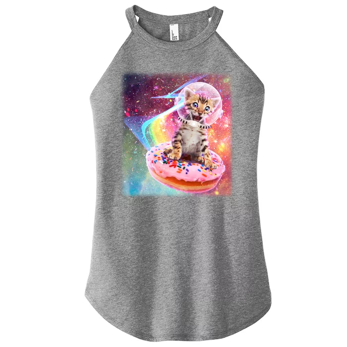 Funny Cute Astronaut Kitty On Rainbow Sprinkle Donut With Galaxy Background Women’s Perfect Tri Rocker Tank