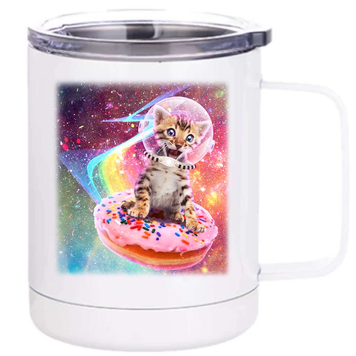 Funny Cute Astronaut Kitty On Rainbow Sprinkle Donut With Galaxy Background Front & Back 12oz Stainless Steel Tumbler Cup