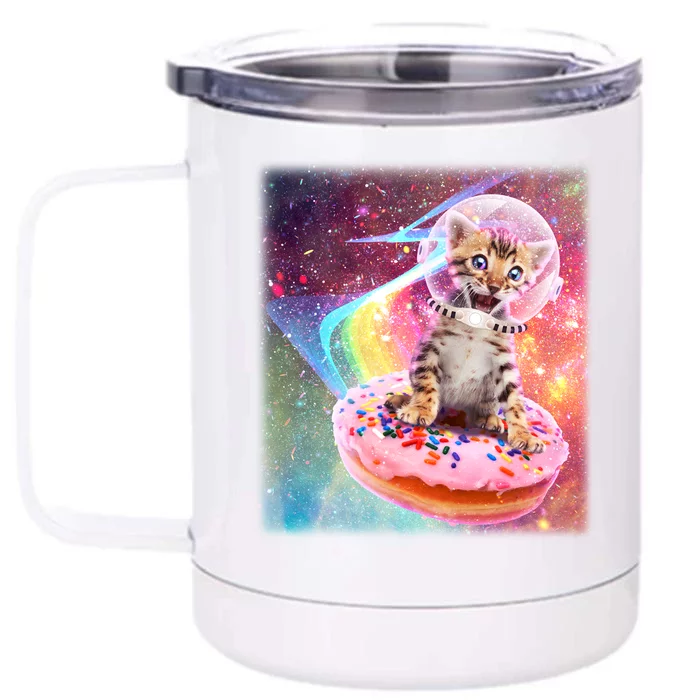 Funny Cute Astronaut Kitty On Rainbow Sprinkle Donut With Galaxy Background Front & Back 12oz Stainless Steel Tumbler Cup