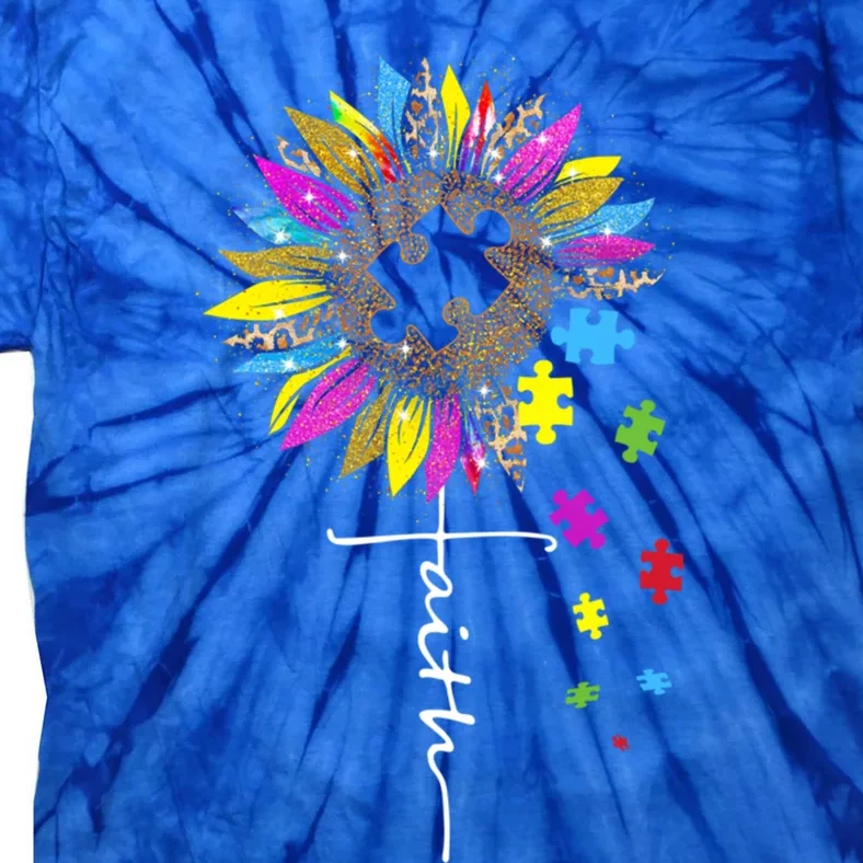 Faith Cross Autism Sunflower Puzzle Pieces Leopard Mom Funny Gift Tie-Dye T-Shirt