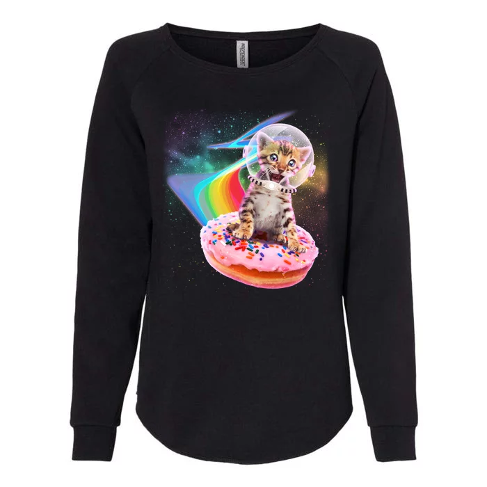 Funny Cute Astronaut Kitty On Rainbow Sprinkle Donut Womens California Wash Sweatshirt