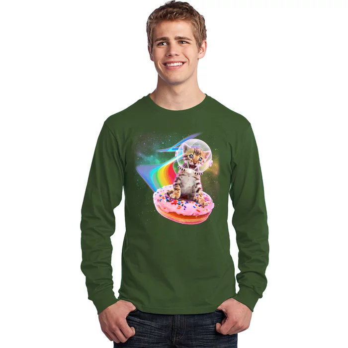 Funny Cute Astronaut Kitty On Rainbow Sprinkle Donut Long Sleeve Shirt