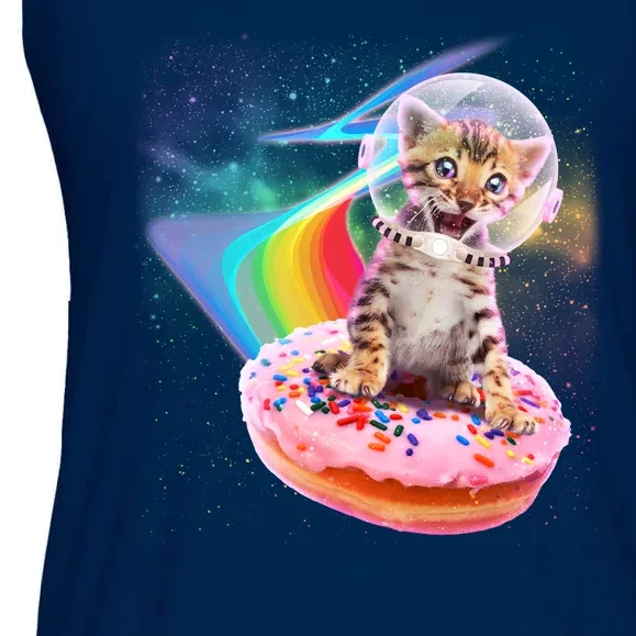 Funny Cute Astronaut Kitty On Rainbow Sprinkle Donut Ladies Essential Flowy Tank