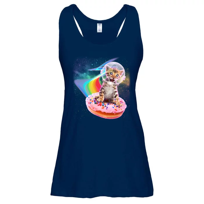 Funny Cute Astronaut Kitty On Rainbow Sprinkle Donut Ladies Essential Flowy Tank