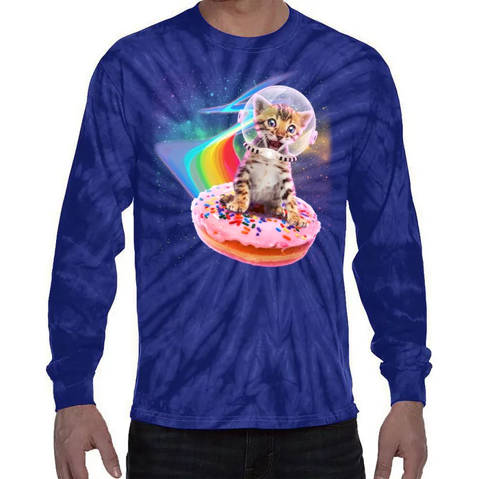 Funny Cute Astronaut Kitty On Rainbow Sprinkle Donut Tie-Dye Long Sleeve Shirt