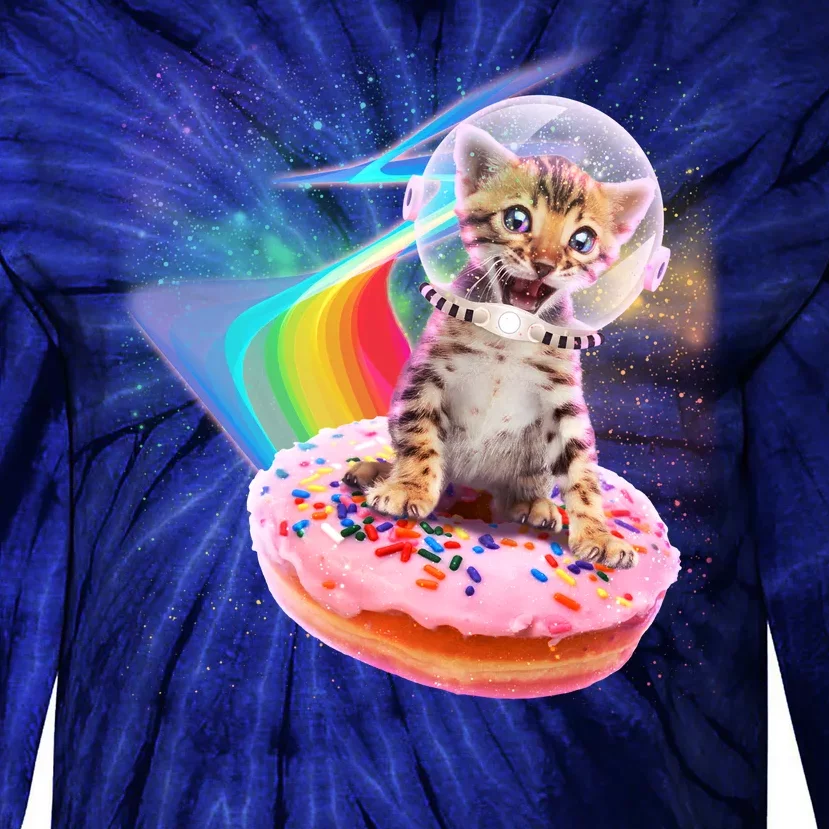 Funny Cute Astronaut Kitty On Rainbow Sprinkle Donut Tie-Dye Long Sleeve Shirt