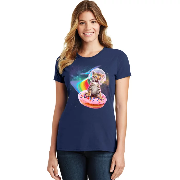 Funny Cute Astronaut Kitty On Rainbow Sprinkle Donut Women's T-Shirt