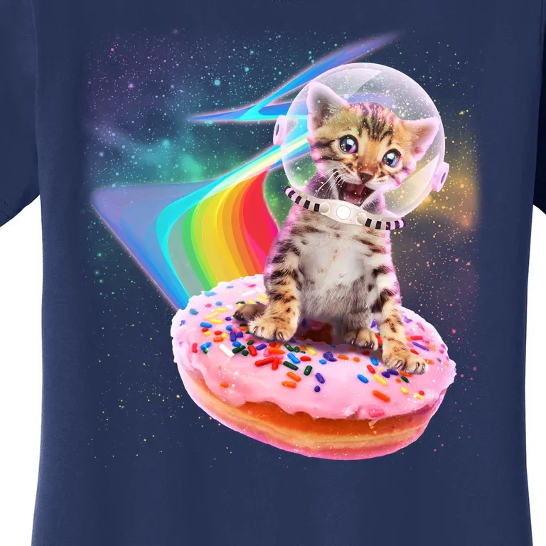 Funny Cute Astronaut Kitty On Rainbow Sprinkle Donut Women's T-Shirt