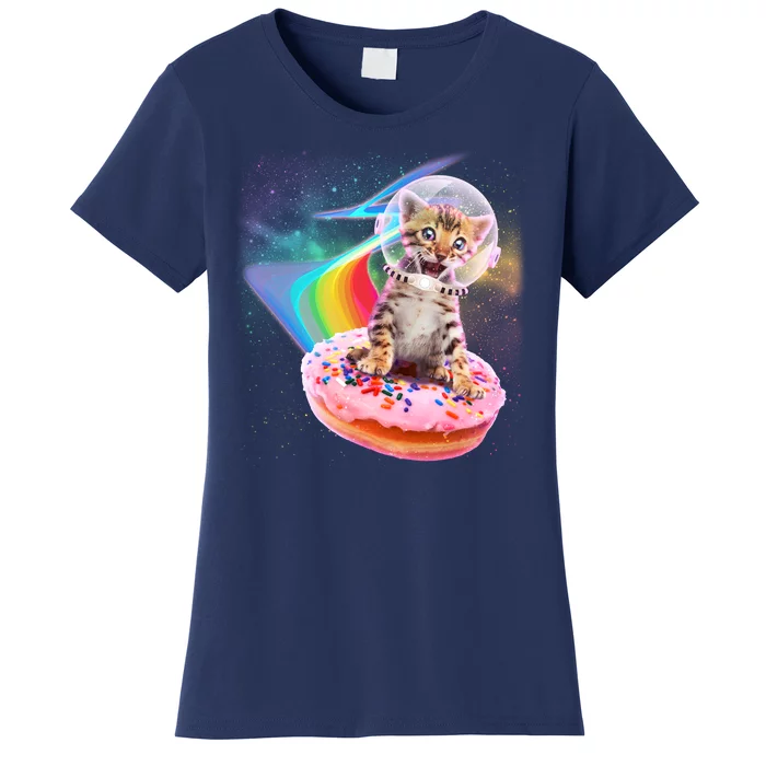 Funny Cute Astronaut Kitty On Rainbow Sprinkle Donut Women's T-Shirt