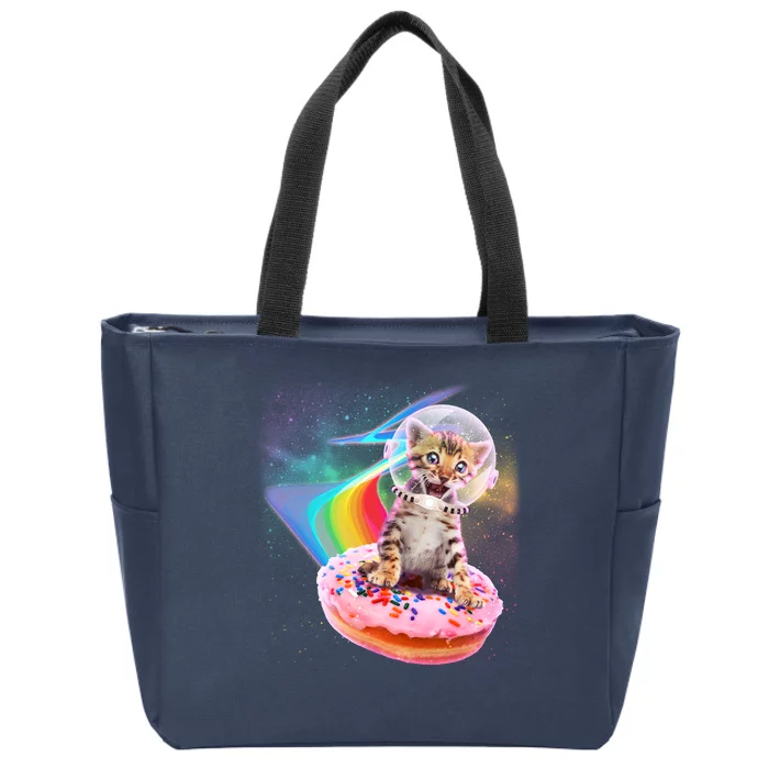 Funny Cute Astronaut Kitty On Rainbow Sprinkle Donut Zip Tote Bag