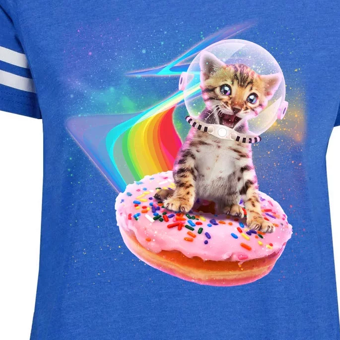 Funny Cute Astronaut Kitty On Rainbow Sprinkle Donut Enza Ladies Jersey Football T-Shirt