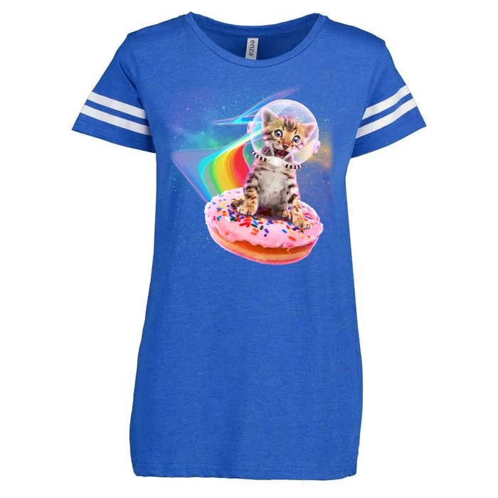 Funny Cute Astronaut Kitty On Rainbow Sprinkle Donut Enza Ladies Jersey Football T-Shirt