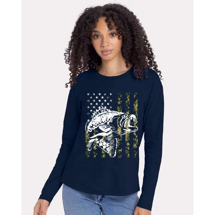 Fishing, Camouflage American Flag Fish, Bass Fish Fisherman Womens Cotton Relaxed Long Sleeve T-Shirt