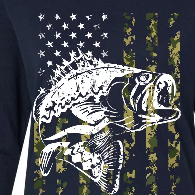 Fishing, Camouflage American Flag Fish, Bass Fish Fisherman Womens Cotton Relaxed Long Sleeve T-Shirt