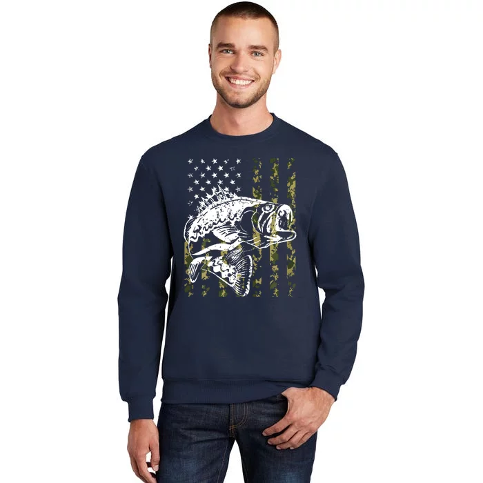 Fishing, Camouflage American Flag Fish, Bass Fish Fisherman Tall Sweatshirt