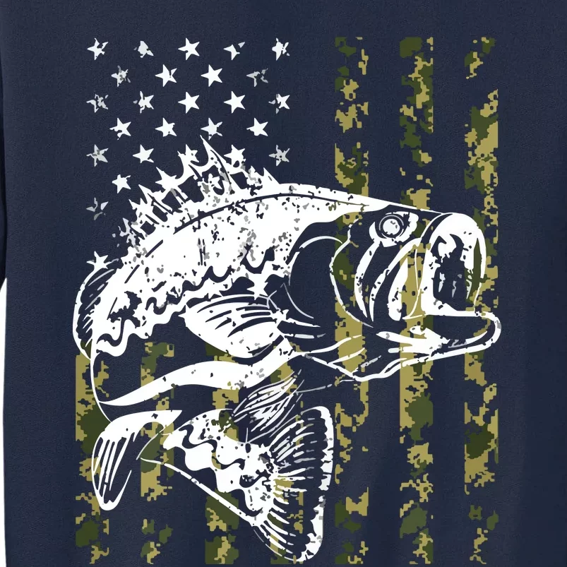 Fishing, Camouflage American Flag Fish, Bass Fish Fisherman Tall Sweatshirt