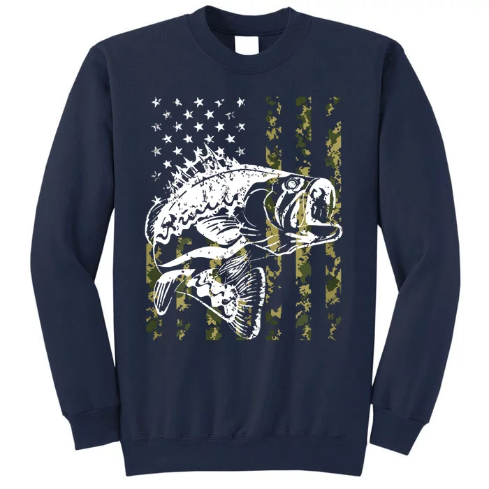 Fishing, Camouflage American Flag Fish, Bass Fish Fisherman Tall Sweatshirt