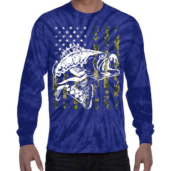 Fishing, Camouflage American Flag Fish, Bass Fish Fisherman Tie-Dye Long Sleeve Shirt