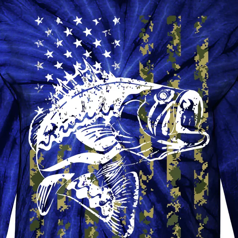 Fishing, Camouflage American Flag Fish, Bass Fish Fisherman Tie-Dye Long Sleeve Shirt