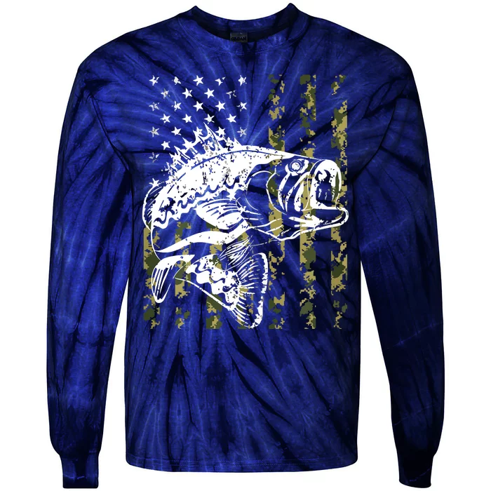 Fishing, Camouflage American Flag Fish, Bass Fish Fisherman Tie-Dye Long Sleeve Shirt