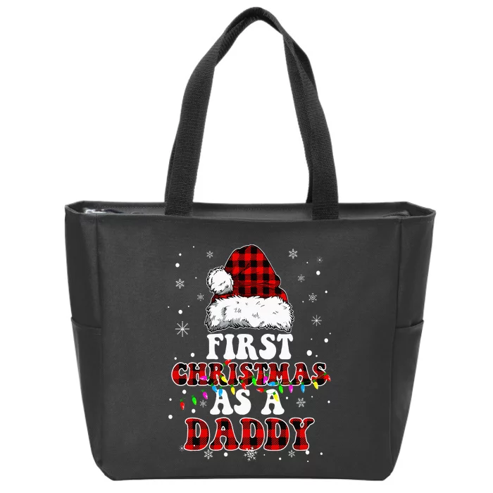 First Christmas As A Daddy Santa Hat Red Plaid Buffalo Zip Tote Bag