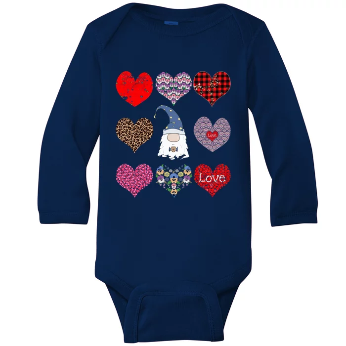 Funny Coffee And Gnome Lovers Hearts Pattern Valentines Day Gift Baby Long Sleeve Bodysuit