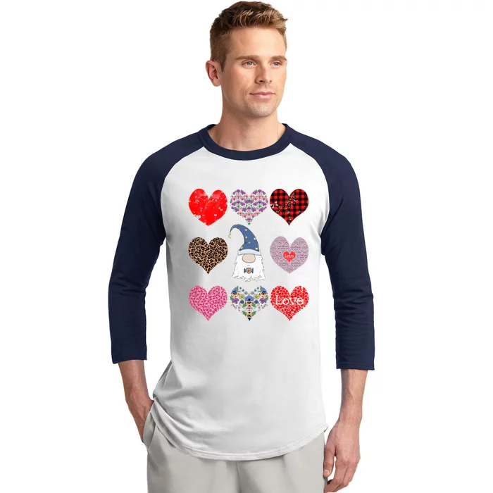 Funny Coffee And Gnome Lovers Hearts Pattern Valentines Day Gift Baseball Sleeve Shirt