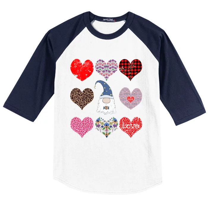 Funny Coffee And Gnome Lovers Hearts Pattern Valentines Day Gift Baseball Sleeve Shirt