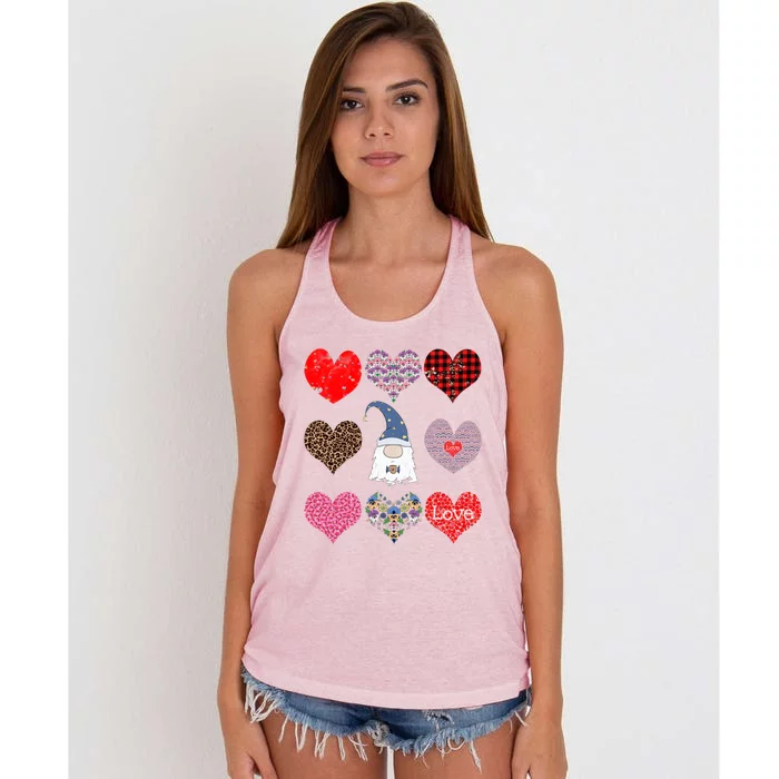 Funny Coffee And Gnome Lovers Hearts Pattern Valentines Day Cute Gift Women's Knotted Racerback Tank