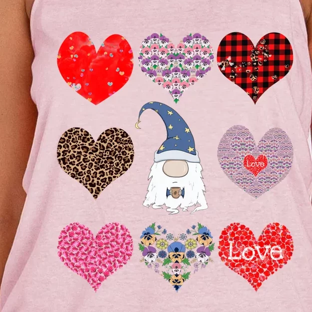 Funny Coffee And Gnome Lovers Hearts Pattern Valentines Day Cute Gift Women's Knotted Racerback Tank