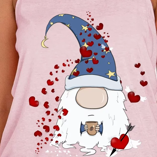 Funny Coffee And Gnome Lovers Red Hearts Valentines Day Cute Gift Women's Knotted Racerback Tank