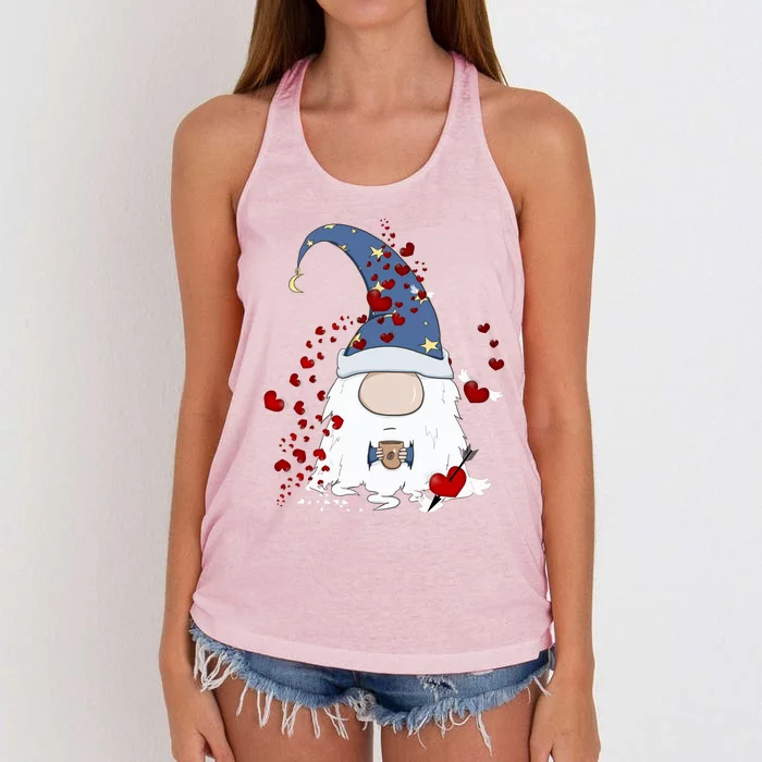 Funny Coffee And Gnome Lovers Red Hearts Valentines Day Cute Gift Women's Knotted Racerback Tank