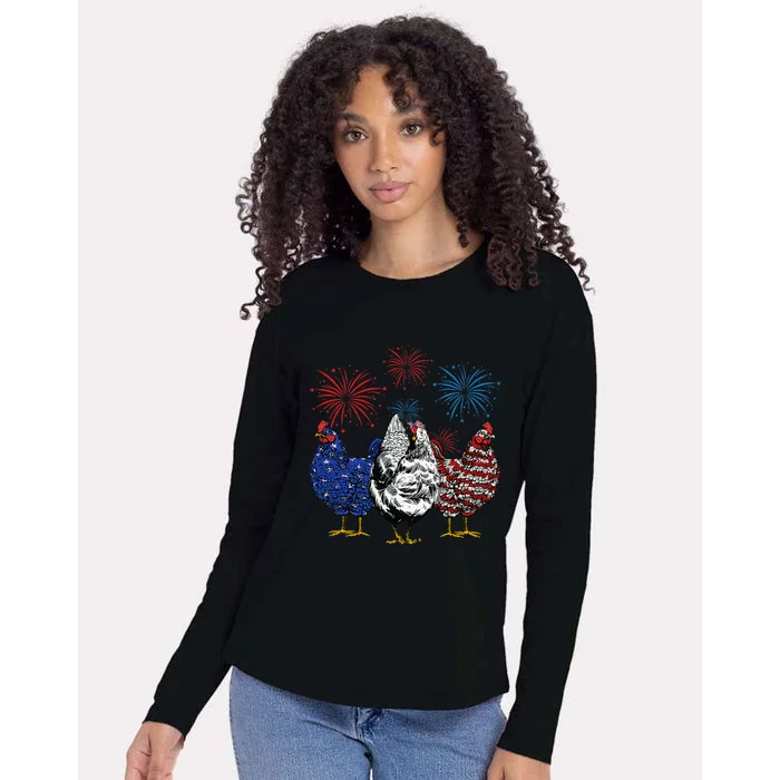 Funny Chickens American Flag Patriotic Farmer 4th Of July Womens Cotton Relaxed Long Sleeve T-Shirt