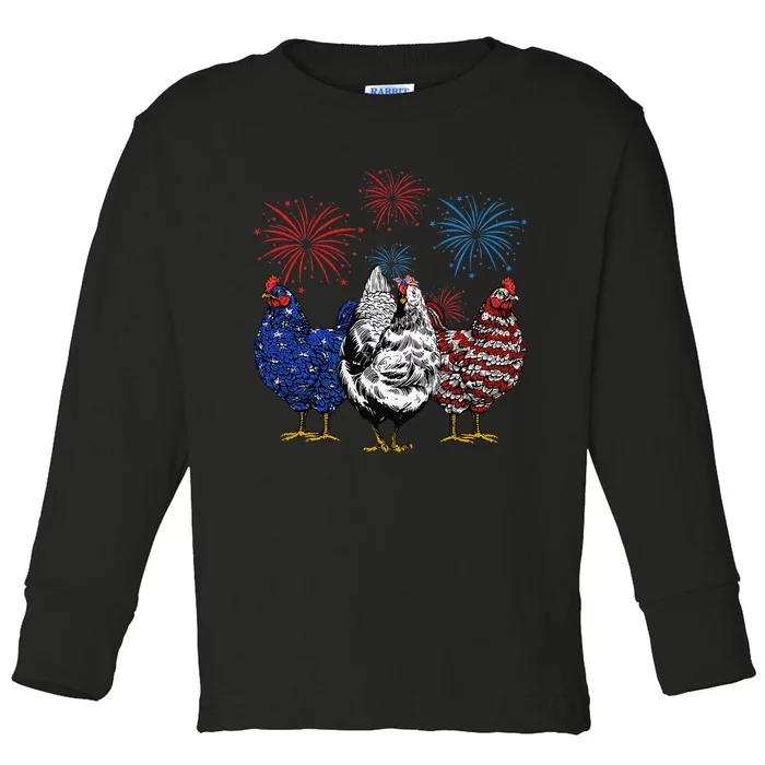 Funny Chickens American Flag Patriotic Farmer 4th Of July Toddler Long Sleeve Shirt