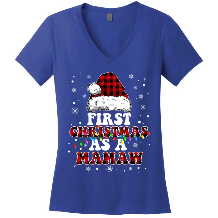 First Christmas As A Mamaw Santa Hat Red Plaid Buffalo Gift Women's V-Neck T-Shirt