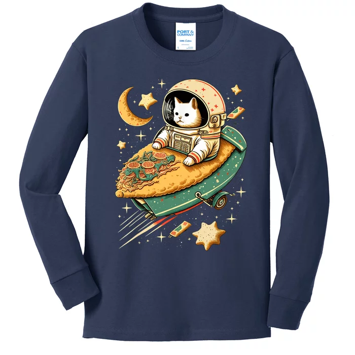 Funny Cat Astronaut In Space Riding Taco Ship Kids Long Sleeve Shirt