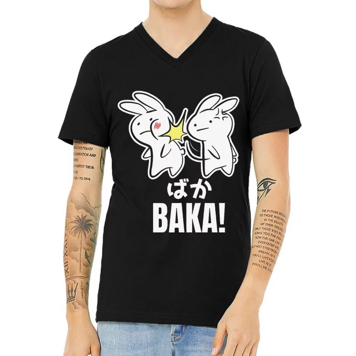 Funny Cute Anime Baka Rabbit Bunny Slap Baka Japanese V-Neck T-Shirt