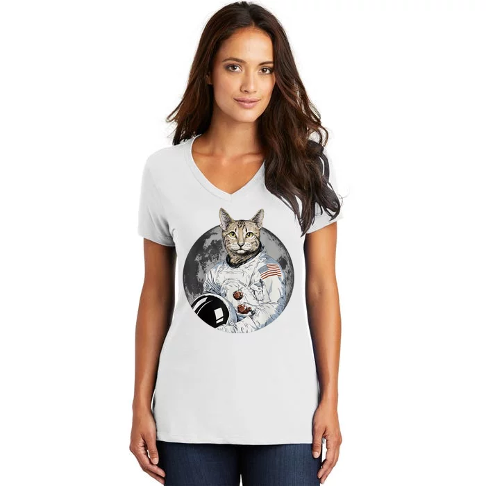 Funny Cat Astronaut Space Cosmic Kitten Moon Meme Women's V-Neck T-Shirt