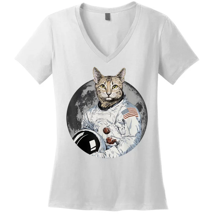 Funny Cat Astronaut Space Cosmic Kitten Moon Meme Women's V-Neck T-Shirt