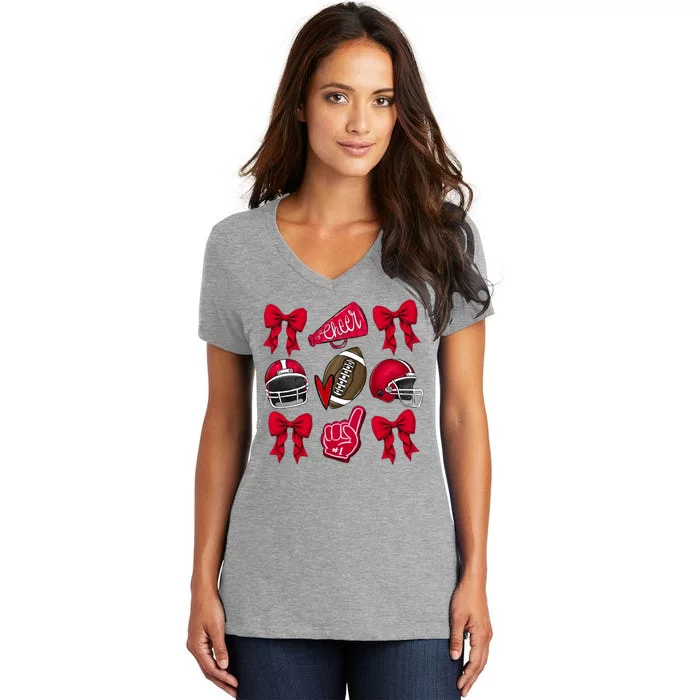 Football Coquette Bow Football Cheer Lover Women's V-Neck T-Shirt