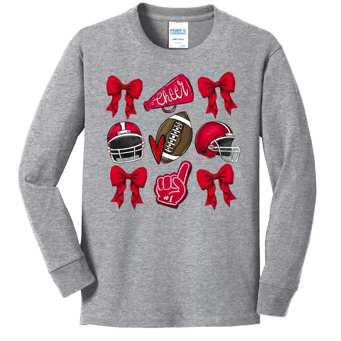 Football Coquette Bow Football Cheer Lover Kids Long Sleeve Shirt