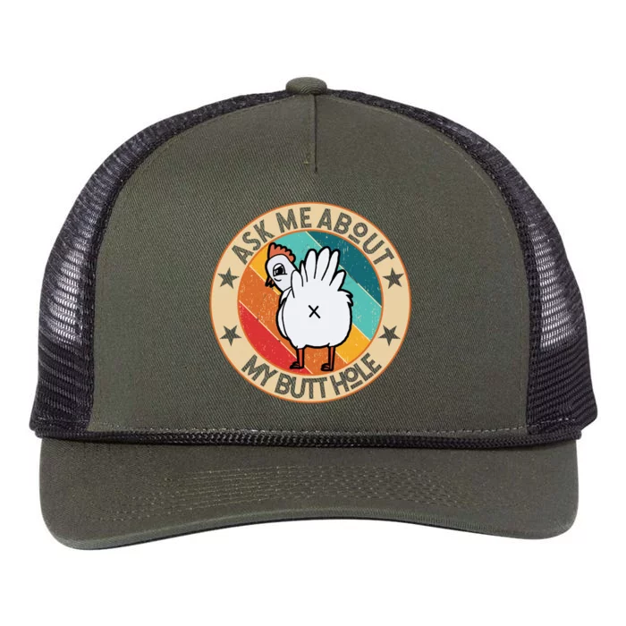 Funny Chicken Butt Design Ask Me About My Butthole Mom Dad Cute Gift Retro Rope Trucker Hat Cap