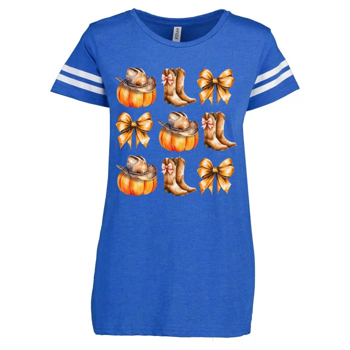 Funny Coquette Bow Pumpkin Halloween Ghost Spooky Season Enza Ladies Jersey Football T-Shirt