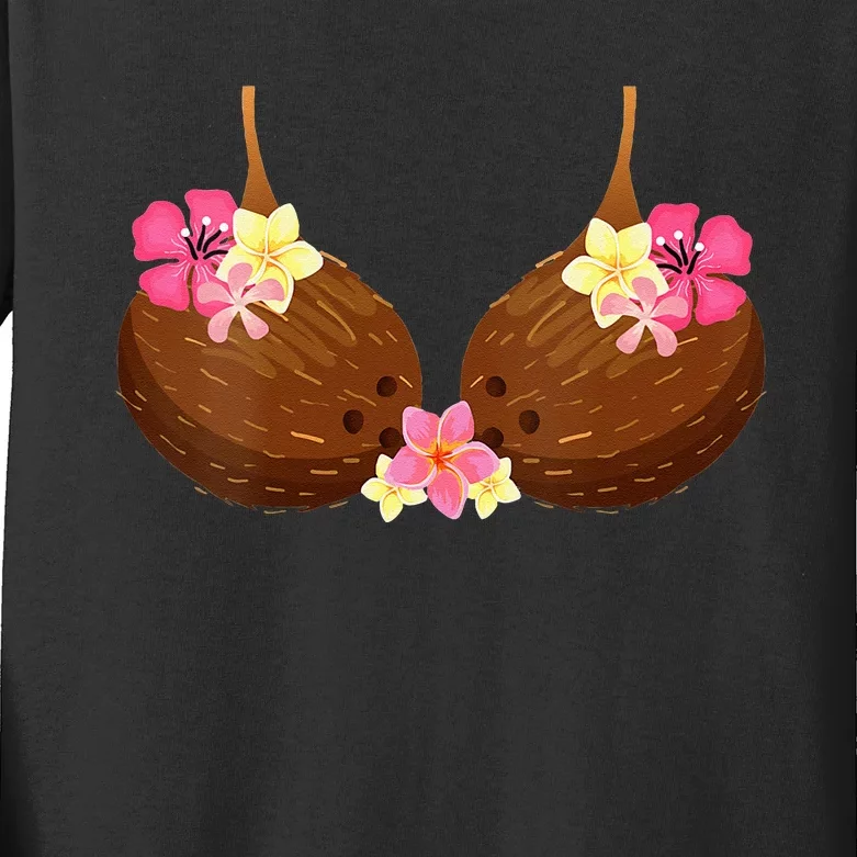 Funny Coconut Bra With Hawaiian Tropical Flowers Kids Long Sleeve Shirt