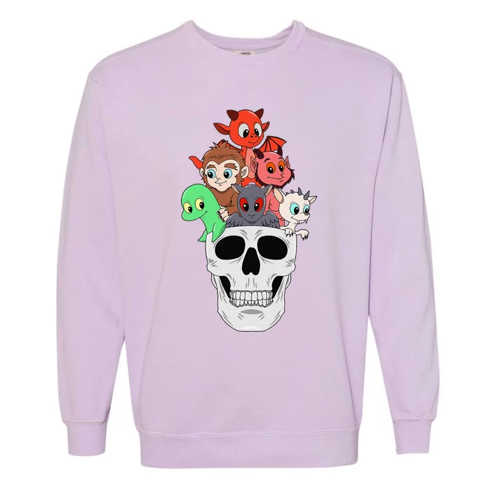 Funny Cryptid Bigfoot Skull Halloween Girlls Garment-Dyed Sweatshirt