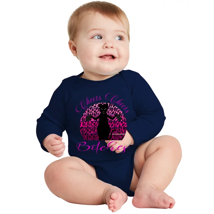 Funny Cheers Bitches Design Pink Leopard Print Pew Pew Gift Baby Long Sleeve Bodysuit