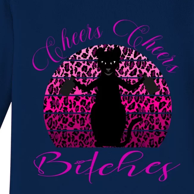 Funny Cheers Bitches Design Pink Leopard Print Pew Pew Gift Baby Long Sleeve Bodysuit