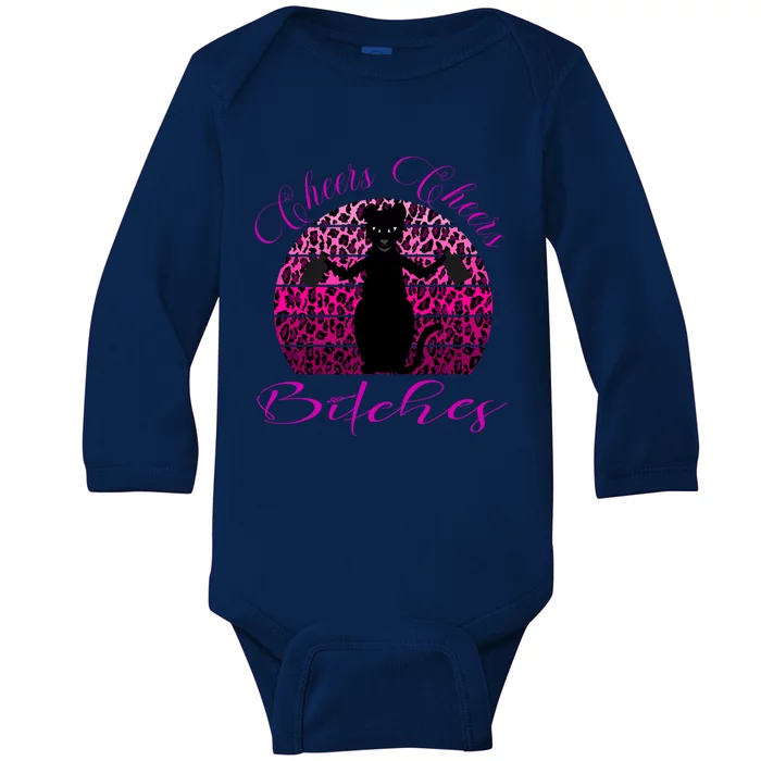 Funny Cheers Bitches Design Pink Leopard Print Pew Pew Gift Baby Long Sleeve Bodysuit