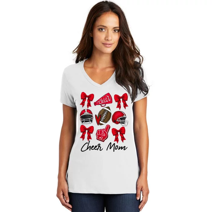 Football Coquette Bow Cheer Mom Red Women's V-Neck T-Shirt